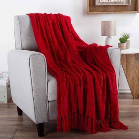 HASTINGS HOME Chenille Throw Blanket for Couch, Home Decor, Sofa and Chair, Oversized 60" x 70", Vineyard Red 414588YNQ